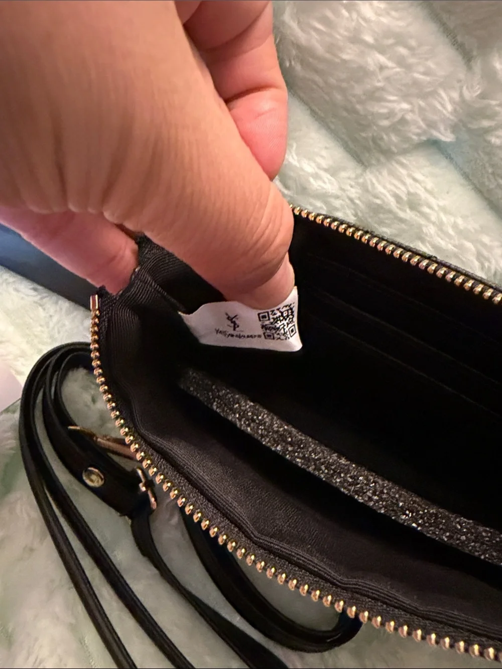 Yves Saint Laurent Black Chevron Quilted Zip Wallet Crossbody with Gold Hardware